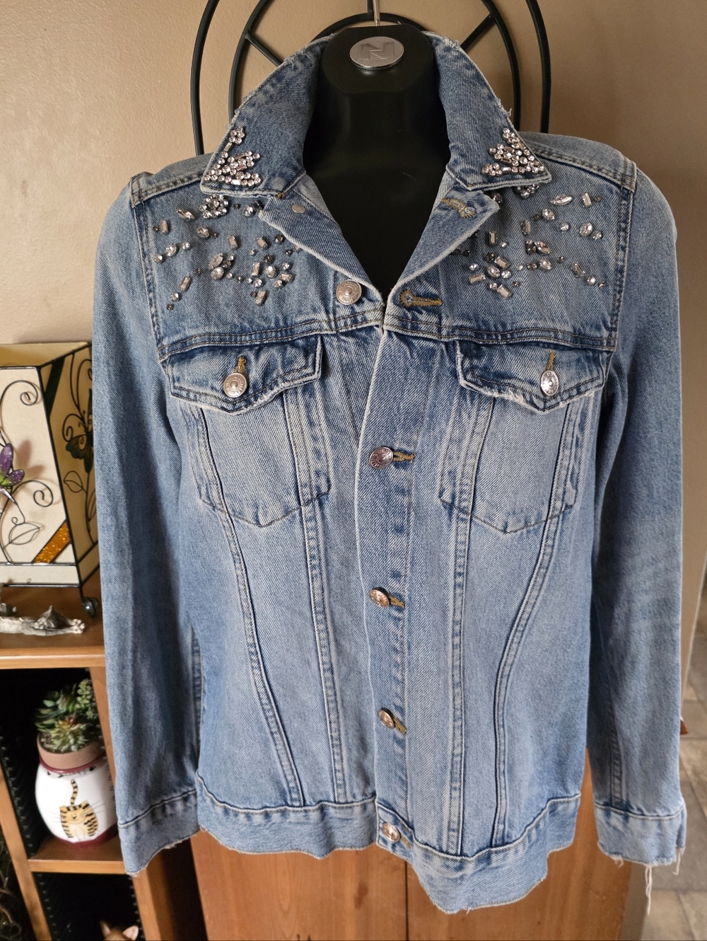 Rhinestone Embellished Light Wash Denim Jean Jacket with Crystal Accents Size M
